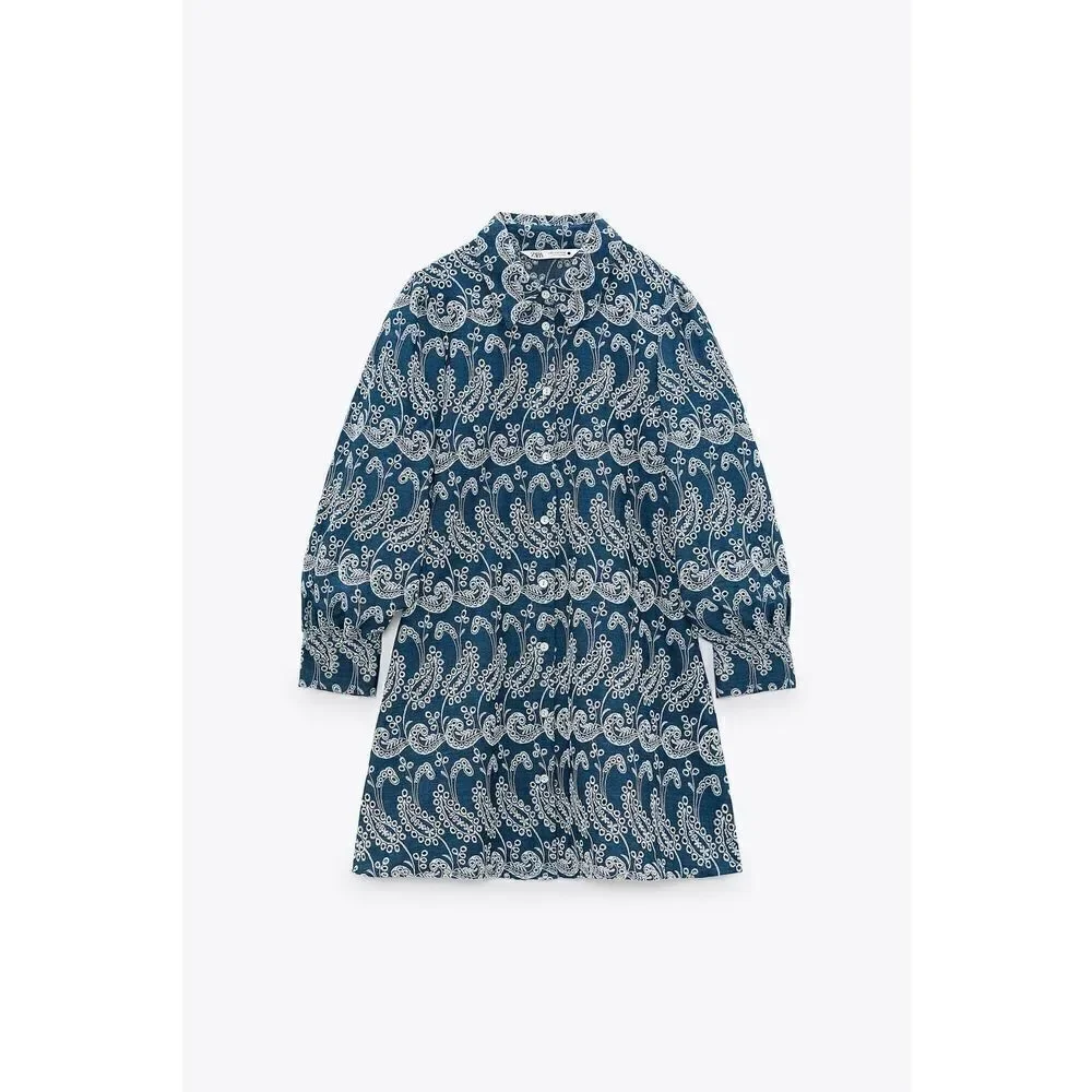 Zara Openwork Embroidery Dress Blue Cotton - Picture 2 of 6